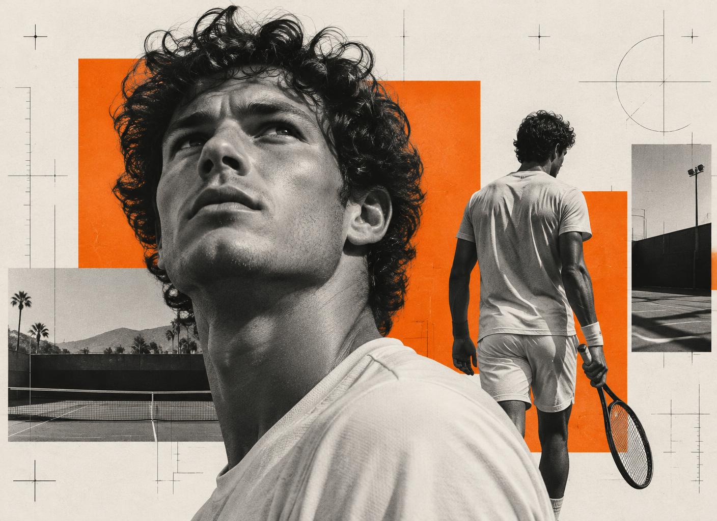 Colagem em preto e branco com retrato de atleta e tenista, blocos laranja e linhas de grade